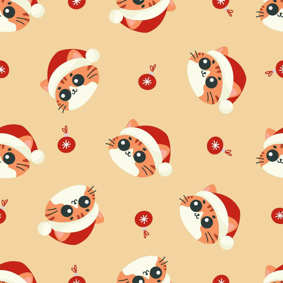 sömlös vektor jul mönster. söt katt ansikten med stor ögon i santa claus hatt, jul träd bollar, beige bakgrund