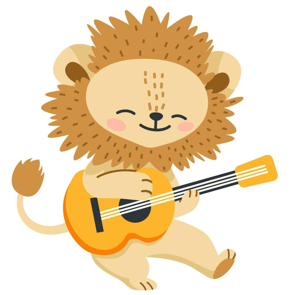 eben Vektor Illustration. süß Löwe Tanzen und spielen Gitarre. Kinder- Illustration auf Weiß Hintergrund