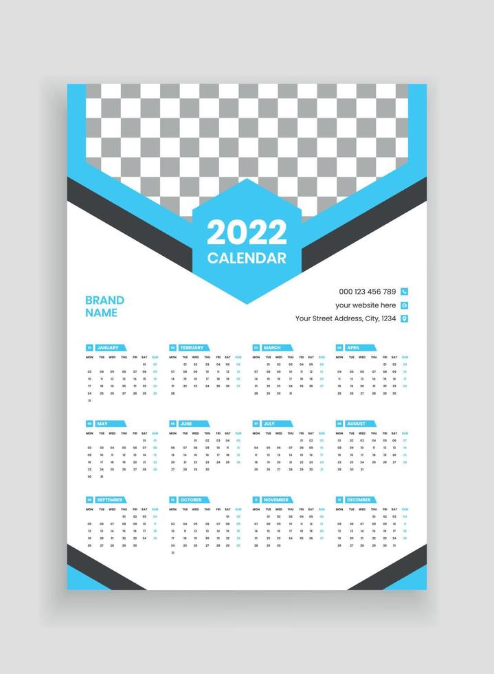 en sida väggkalender design 2022. väggkalender design 2022. nyårskalender design 2022. veckan börjar på måndag. mall för årskalender 2022 vektor