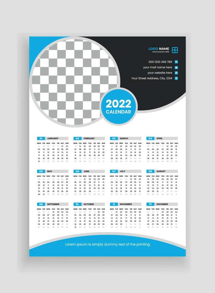 eine Seite Wandkalender Design 2022. Wandkalender Design 2022. Neujahrskalender Design 2022. Woche beginnt am Montag. Vorlage für den Jahreskalender 2022 vektor