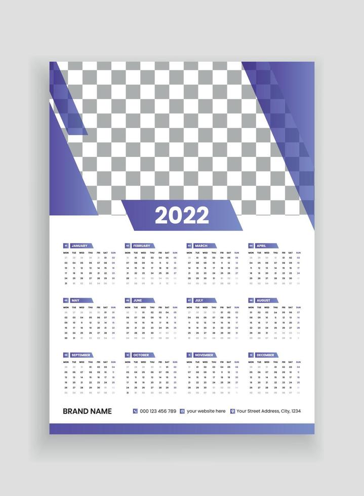 en sida väggkalender design 2022. väggkalender design 2022. nyårskalender design 2022. veckan börjar på måndag. mall för årskalender 2022 vektor