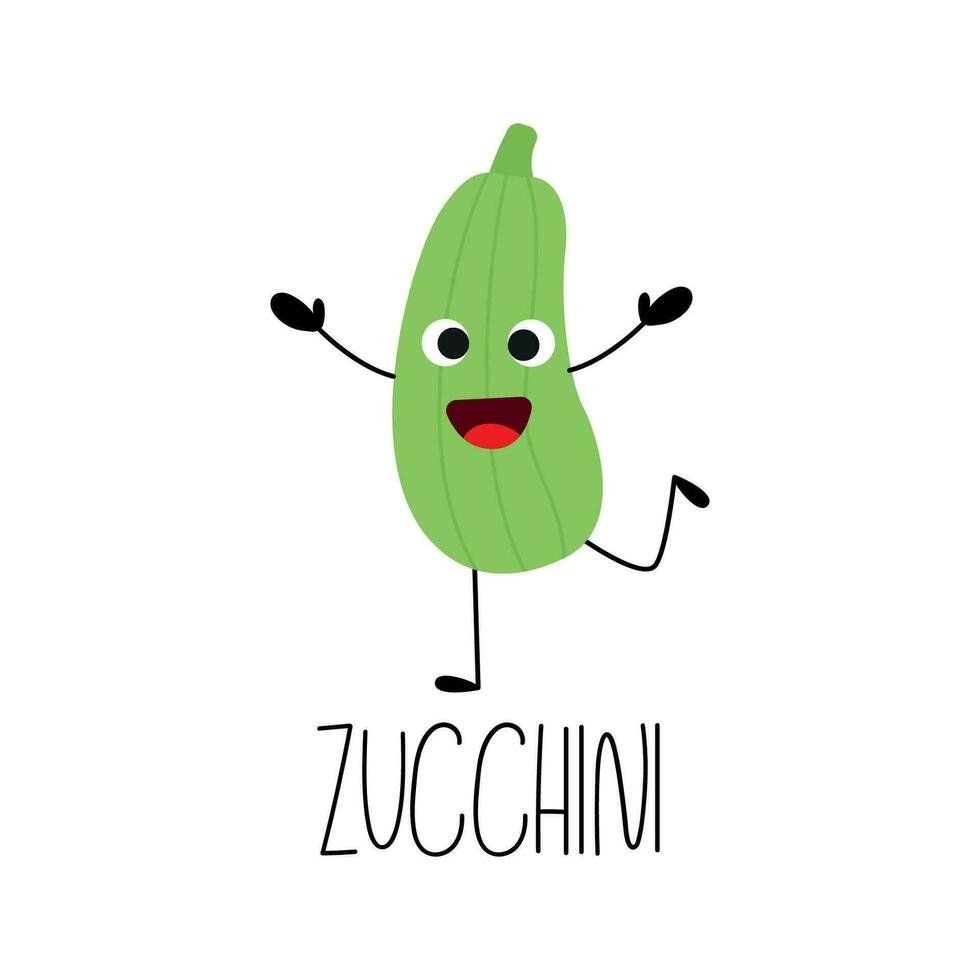 söt rolig zucchini karaktär för ungar. hand dragen vegetabiliska kort med dess namn. vektor illustration.