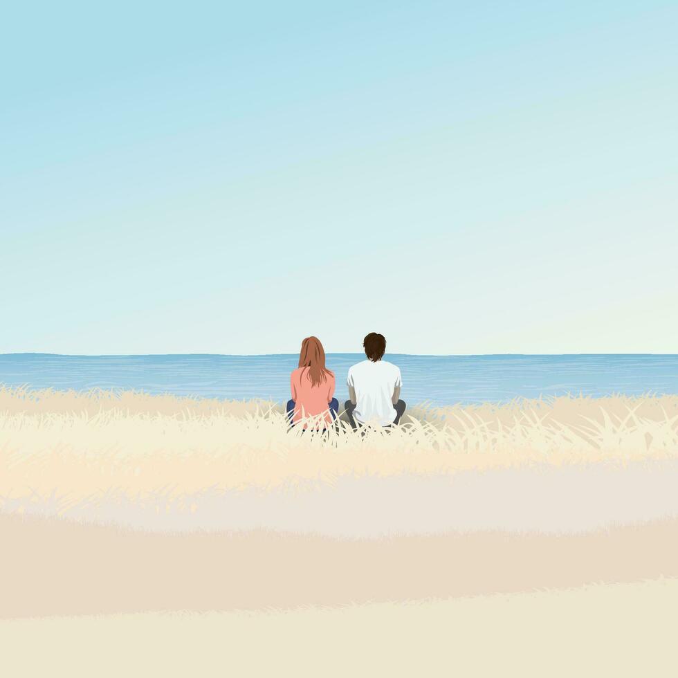 Paar von Liebhaber Sitzung auf Feld beim Küsten und tropisch Blau Meer im Herbst Jahreszeit Vektor Illustration. Valentinstag Tag Konzept eben Design.