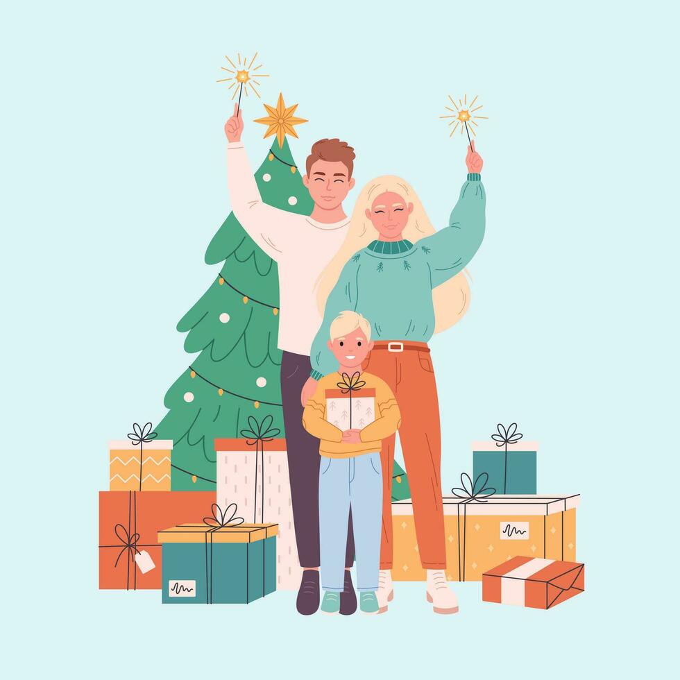 Familie mit Kind feiern Weihnachten oder Neu Jahr. Weihnachten Baum mit die Geschenke. vektor