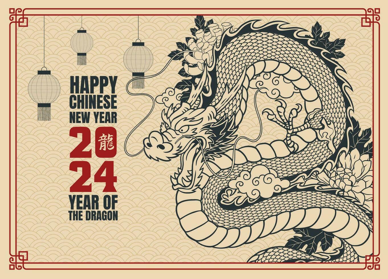 Lycklig kinesisk ny år 2024 baner illustration med drake i årgång stil vektor