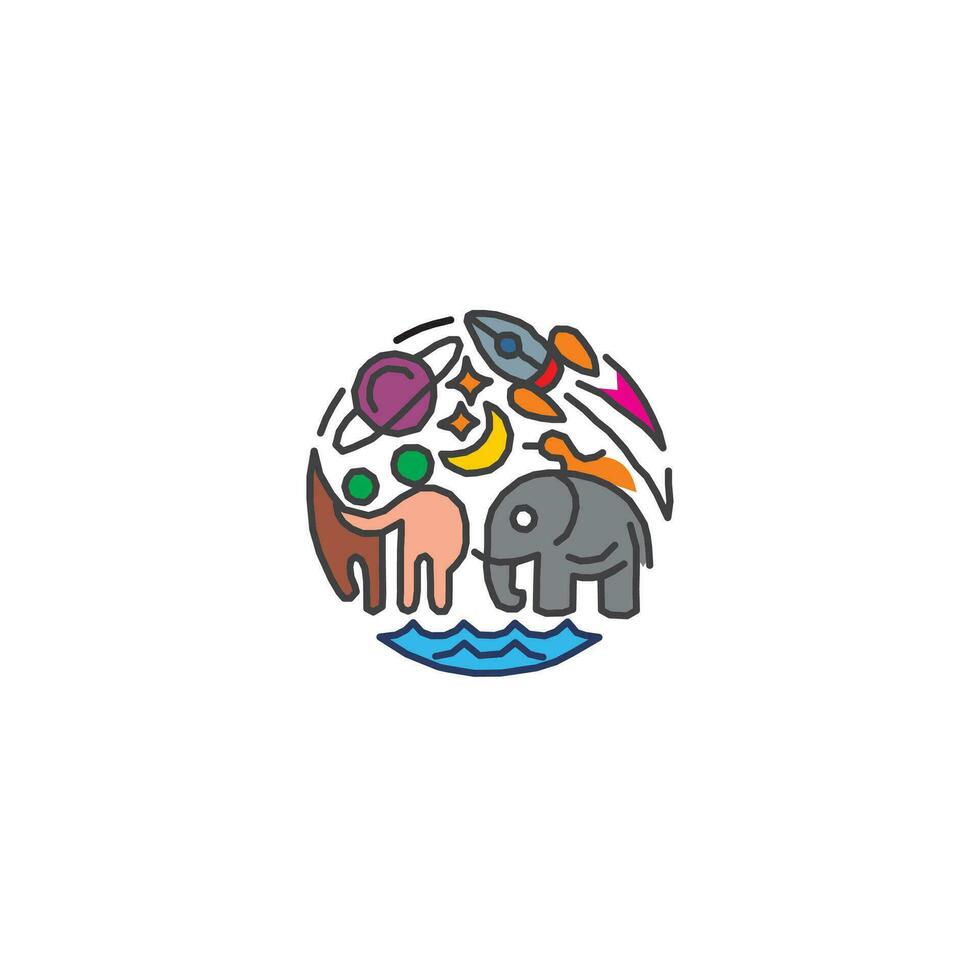 Vektor Illustration von Elefant Mann und Solar- System, Logo Design