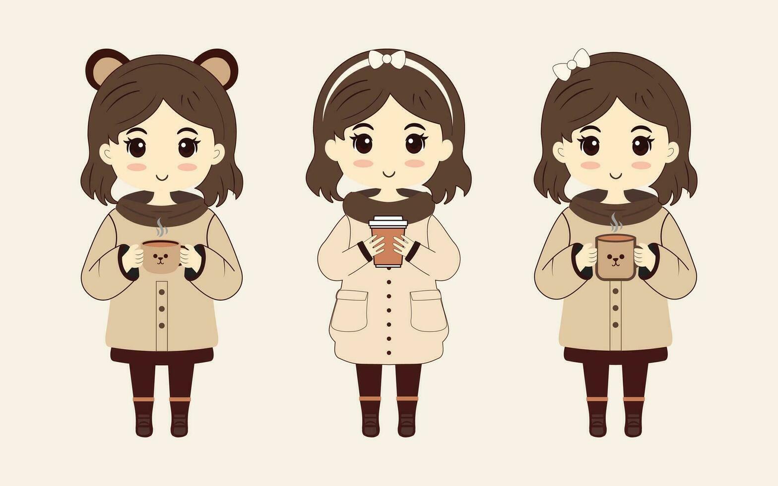 uppsättning av söt flicka eller kvinna bär luvtröja och innehav kopp dryck kaffe och leende ,vektor illustration vektor