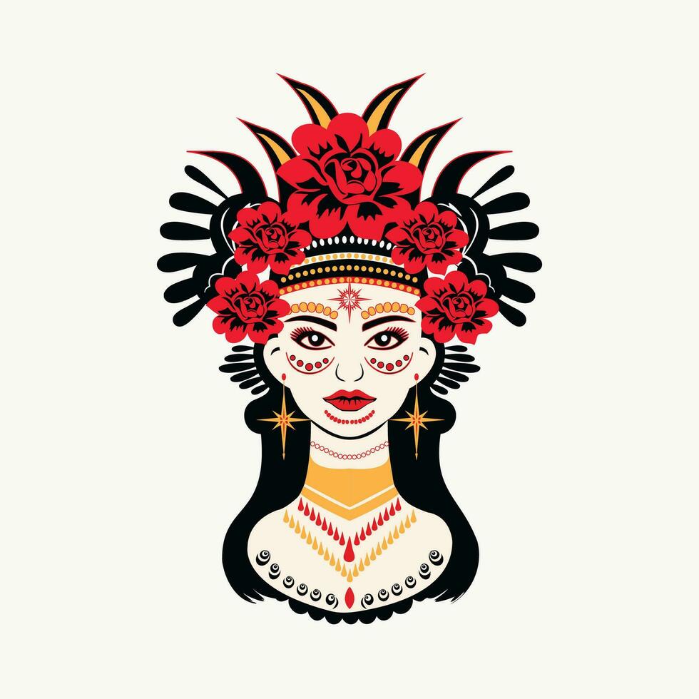 porträtt av skön stam- flicka med blommor och fjäder i henne hår stam- stil vektor