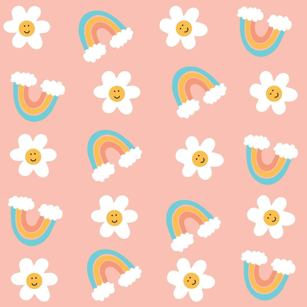 Muster mit süß wenig lächelnd Blumen und Regenbögen im kawaii Stil mit ein Rosa Hintergrund bereit zu drucken T-Shirts, Tassen und Mehr vektor