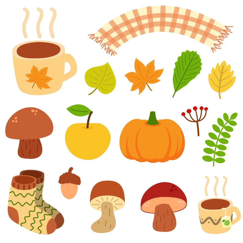 uppsättning olika höstens naturliga element. höstlöv, svamp, bär, ekollon, äpple och pumpa. mugg med te eller kakao, varma strumpor och halsduk. tryck för klistermärken, säsongsbetonad design och inredning vektor