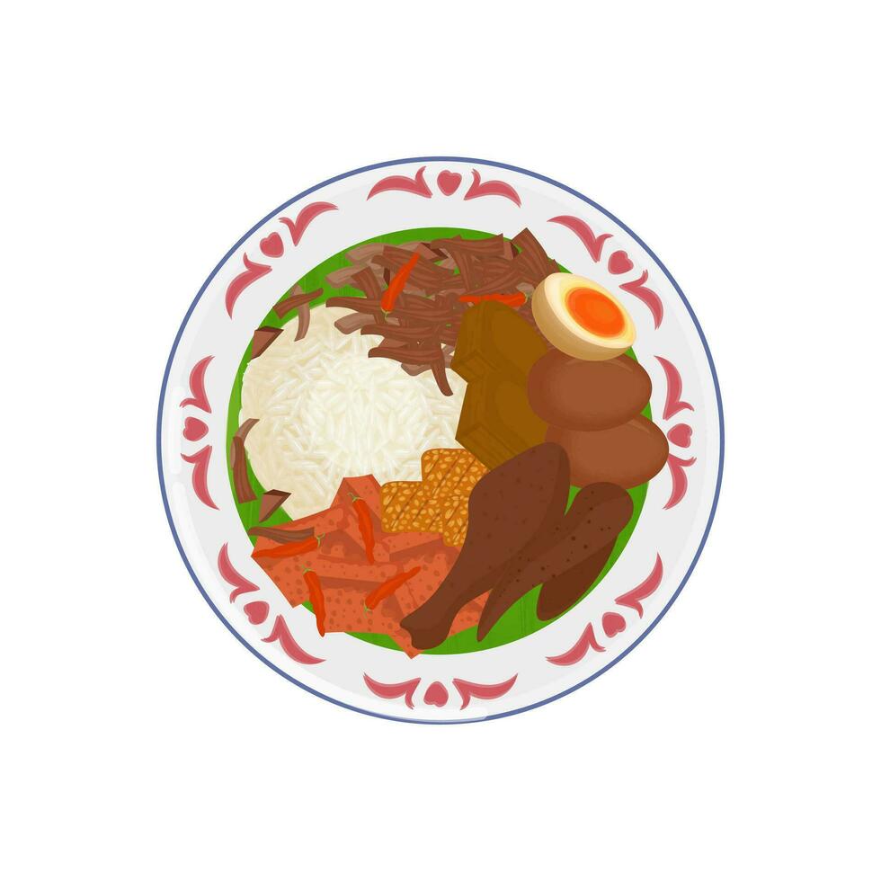 vektor illustration logotyp av nasi gudeg med kyckling, krecek, tofu, tempeh och bacem ägg