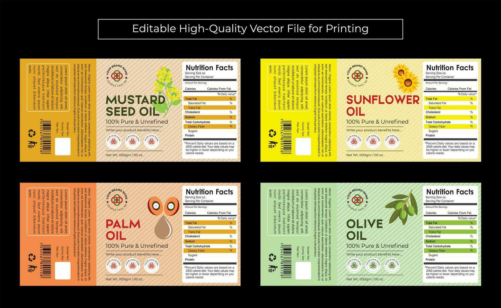 Öl Etikette Design zum Senf Samen Sonnenblume Öl Olive und Palme vektor