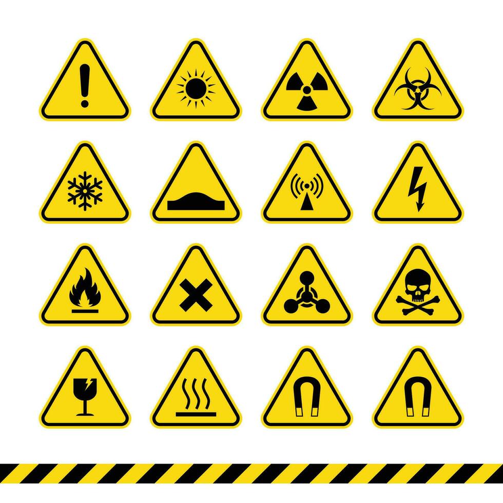 uppsättning av triangel gul varning tecken. fara varning tecken vektor illustration
