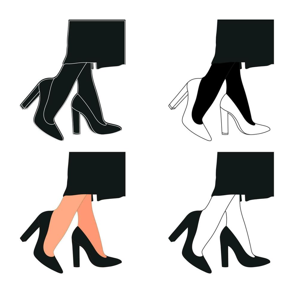 Silhouette Gliederung von weiblich Beine im ein Pose. Schuhe Stilettos, hoch Fersen. gehen, Stehen, Betrieb, Springen, tanzen vektor