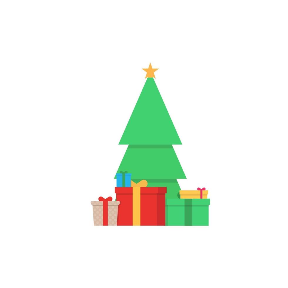 Weihnachtsbaum und Geschenk auf weißem Hintergrund. Vektorillustration im flachen Design vektor