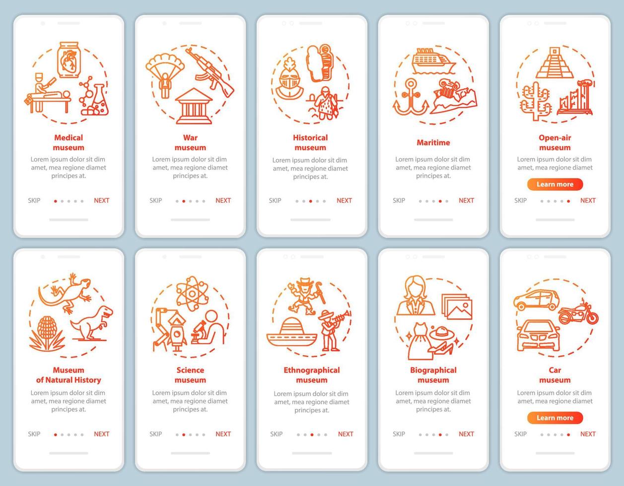 utställning och museum onboarding mobil app sida skärm vektor mall