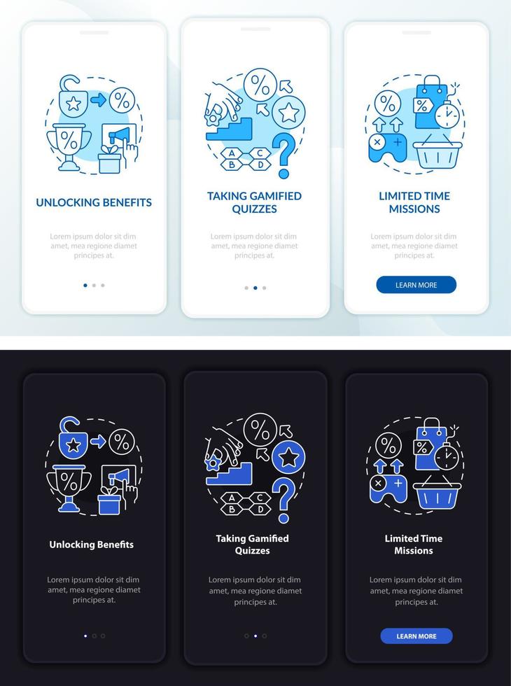 gamifizierte Treueprogramme Tag und Nacht Onboarding mobiler App-Seitenbildschirm vektor