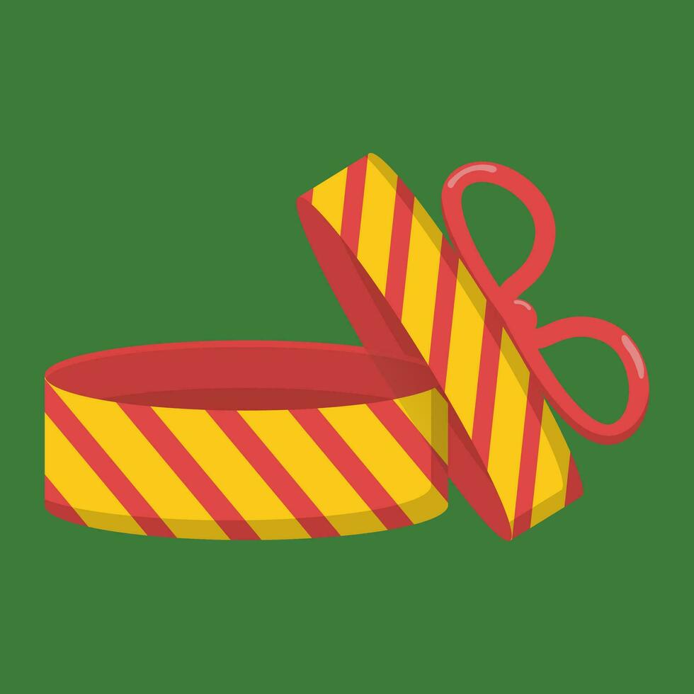 Vektor Bild von ein öffnen Geschenk Box im Karikatur Stil. rot Box mit Gelb Streifen mit ein Bogen. Grün Hintergrund.
