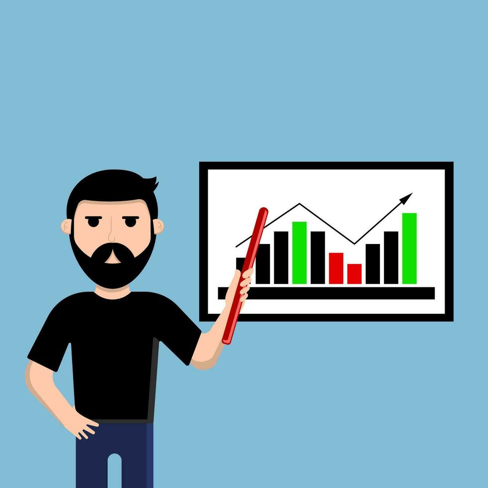 Vektor eben Illustration. Geschäftsmann beim das Tafel. finanziell Analytiker.