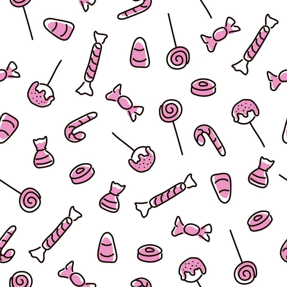 halloween sömlös mönster med godis. klotter stil med rosa Färg. linje konst mönster med sötsaker för halloween. för textilier, omslag papper, gåva papper, tyg. vektor illustration isolerat på en