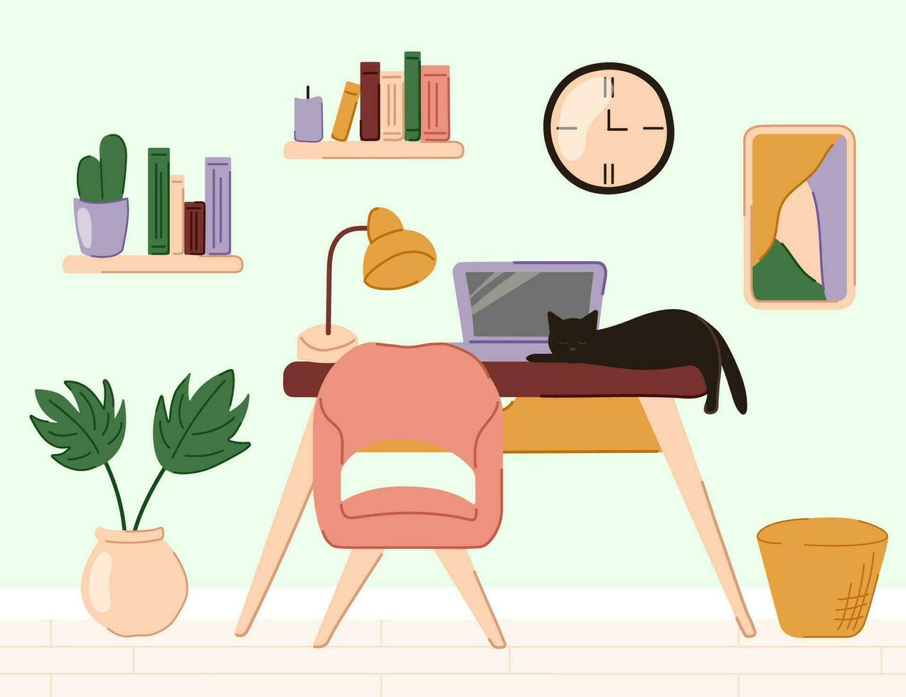 eben Design Büro Arbeitsplatz mit Laptop und Katze. Gekritzel minimalistisch Stil. Bildung Verfahren. Vektor Illustration.