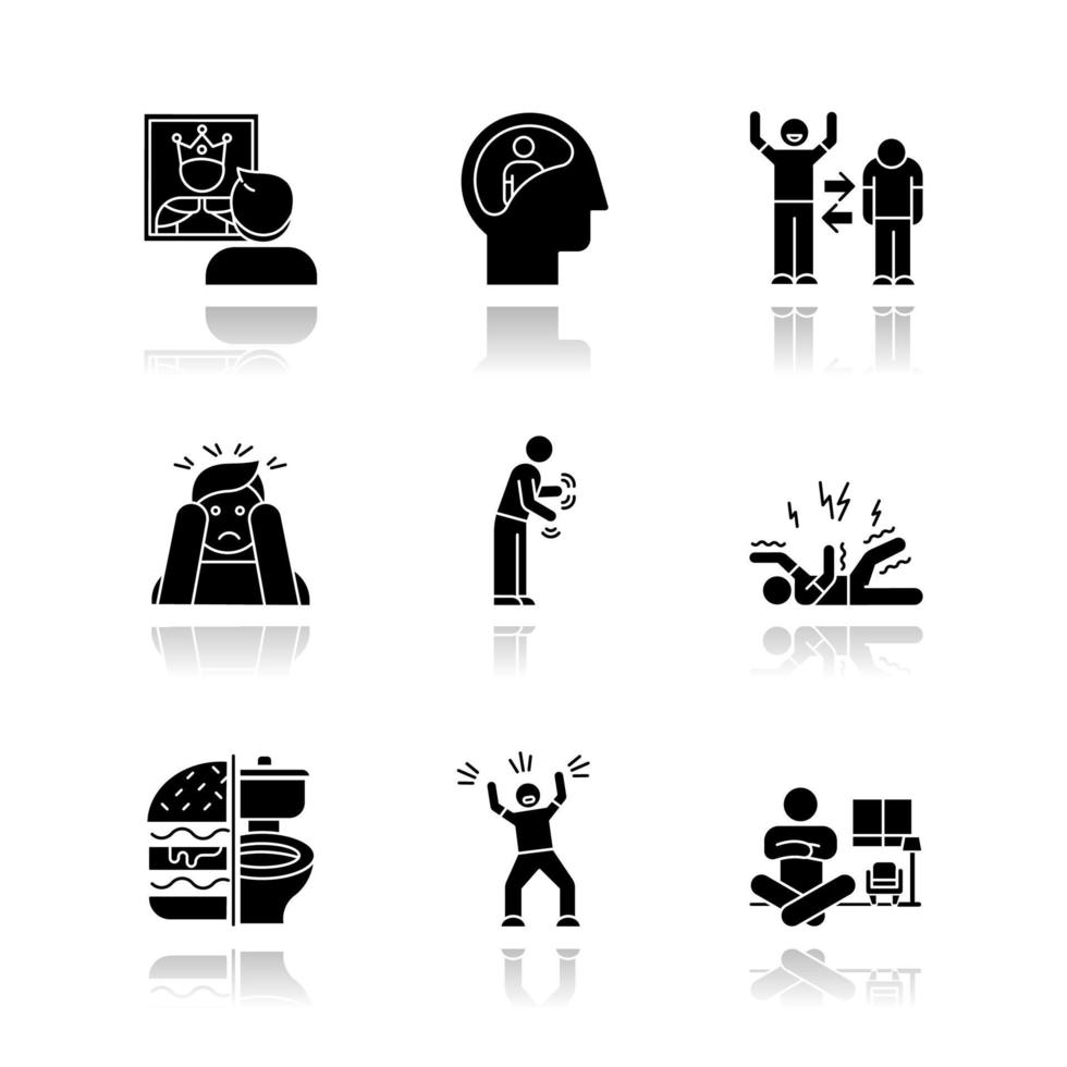 Geistesstörung Schlagschatten schwarze Glyphe Icons Set vektor