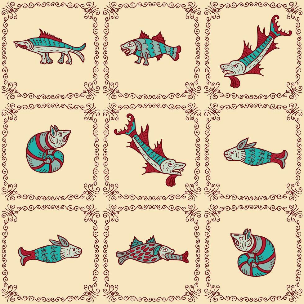 medeltida bestiary stil mönster av vatten- fä och hav monster. klotter gammal skriva ut för tee, papper, textil- och tyg. hand dragen vektor illustration.