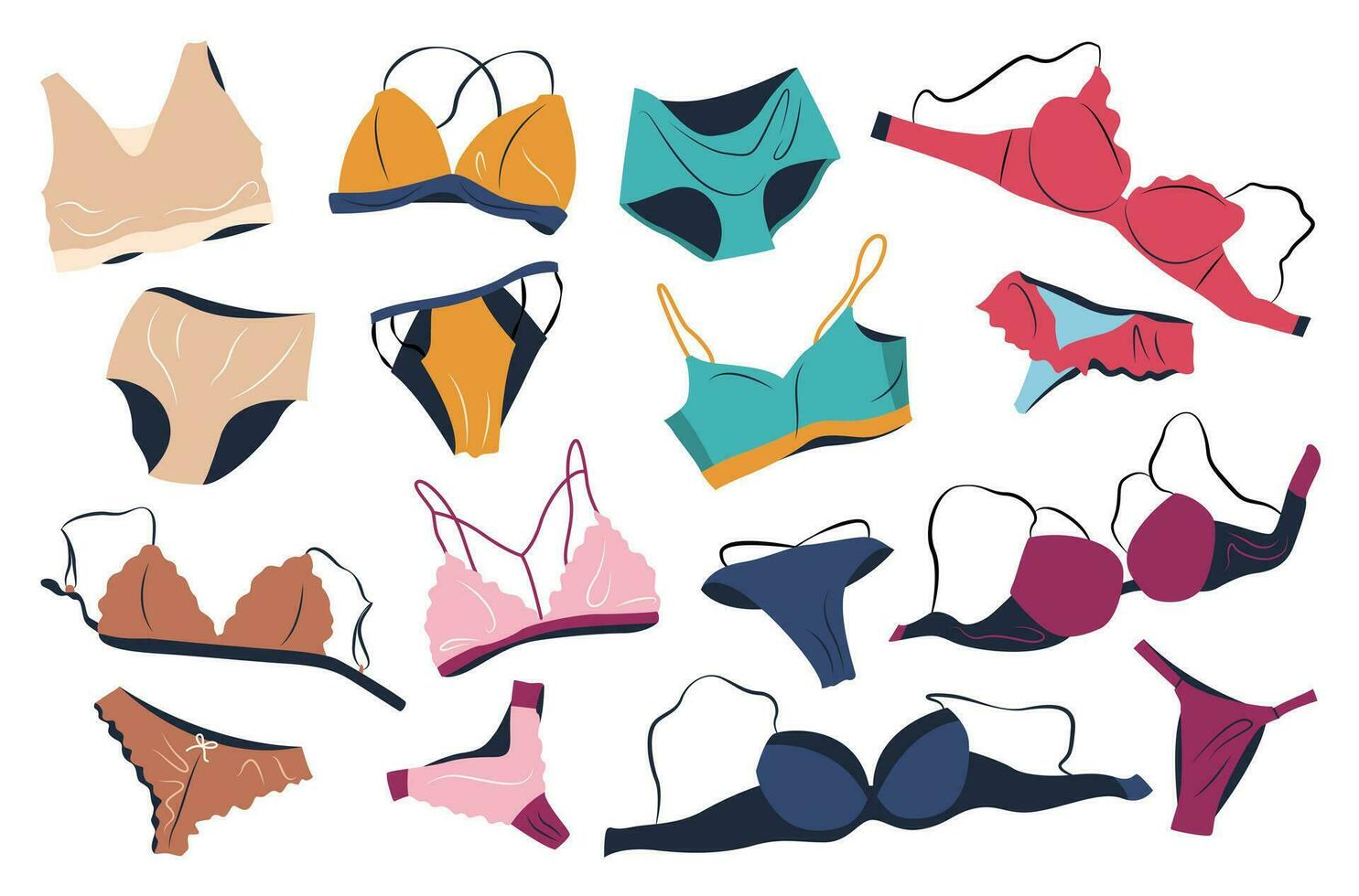 bündeln von weiblich Dessous setzt isoliert auf Weiß Hintergrund. Sammlung von elegant Unterwäsche, sexy Unterwäsche, bhs, Bikini und Höschen zum Frauen. Hand gezeichnet bunt eben Vektor Illustrationen.