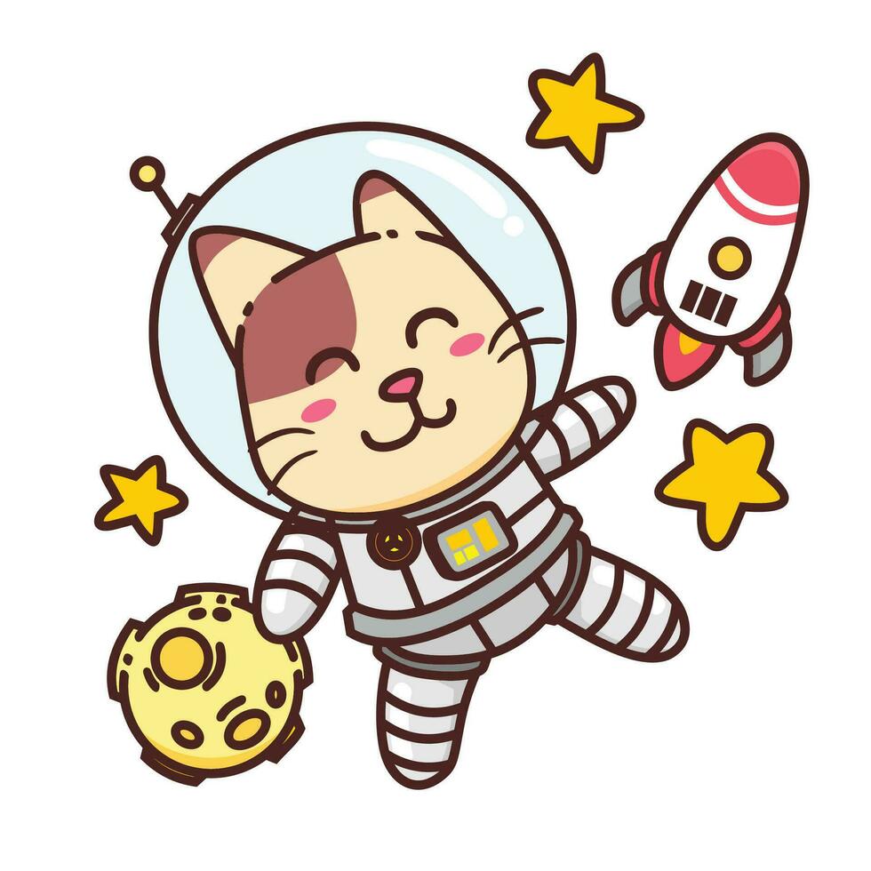 söt förtjusande Lycklig brun katt flyga astronaut Plats karaktär tecknad serie klotter vektor illustration platt design stil