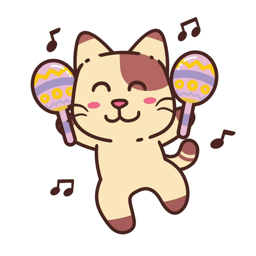 söt förtjusande Lycklig brun katt dansa med maraca musik tecknad serie klotter vektor illustration platt design stil
