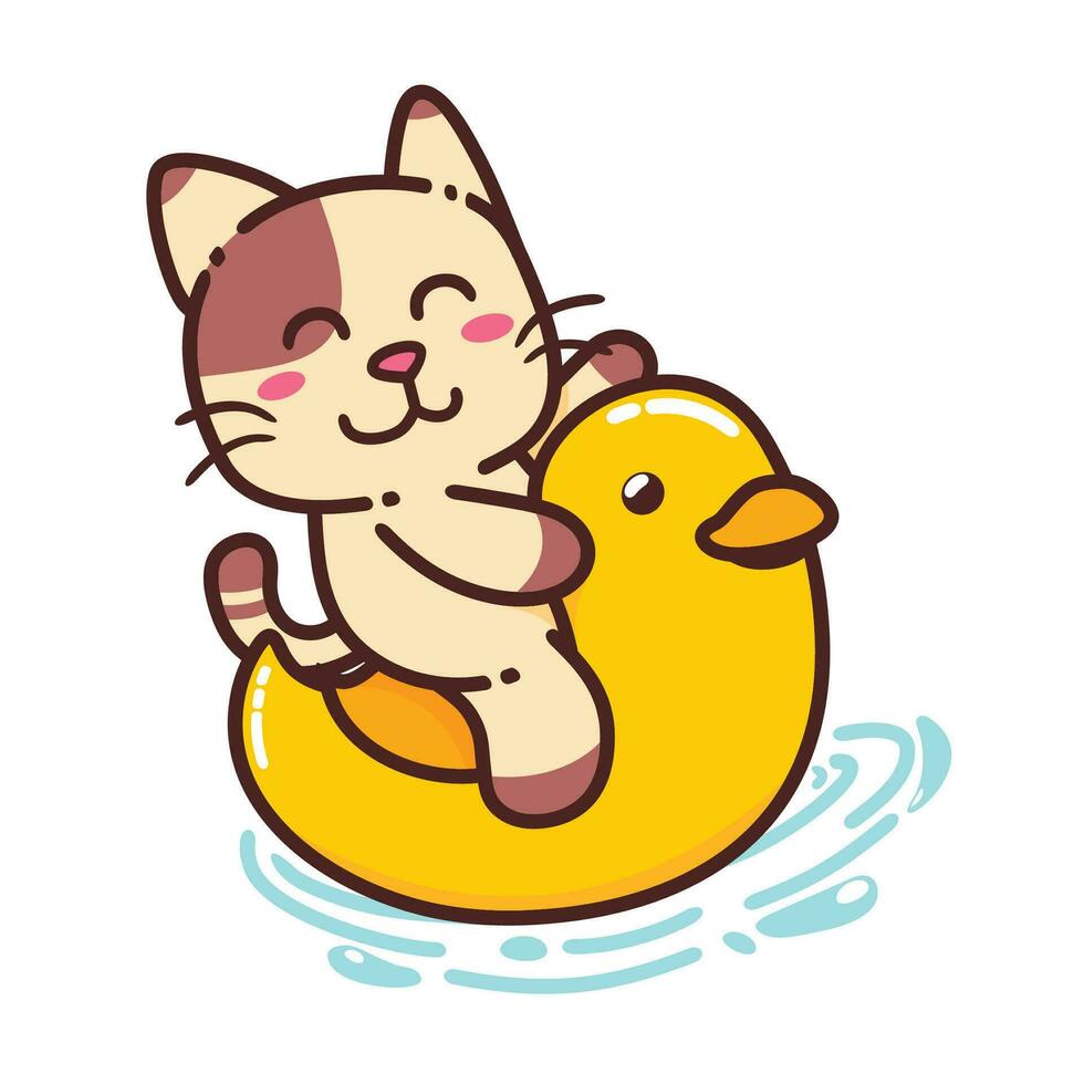 süß bezaubernd glücklich braun Katze und Gelb Ente Gummi Spielzeug schweben Karikatur Gekritzel Vektor Illustration eben Design Stil
