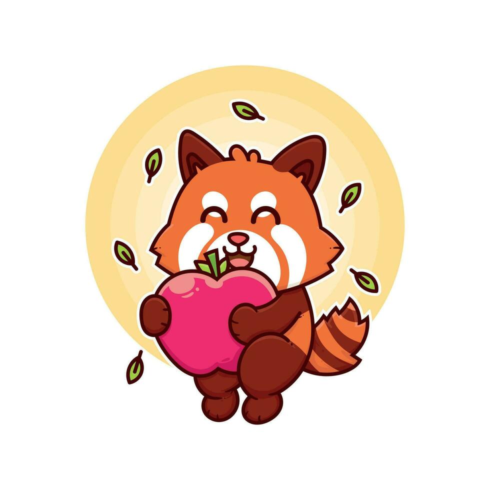 glücklich rot Panda Essen Apfel bezaubernd Karikatur Gekritzel Vektor Illustration eben Design Stil