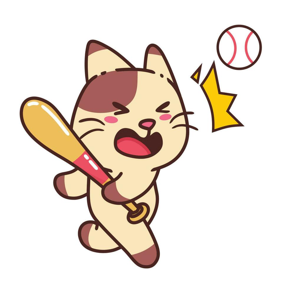 söt förtjusande Lycklig brun katt spela baseboll tecknad serie klotter vektor illustration platt design stil