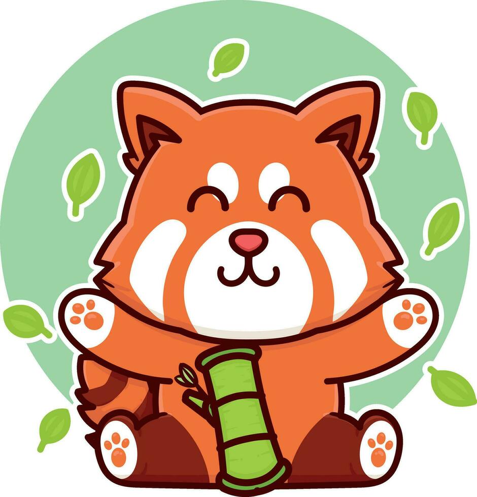glücklich rot Panda Essen Bambus bezaubernd Karikatur Gekritzel Vektor Illustration eben Design Stil