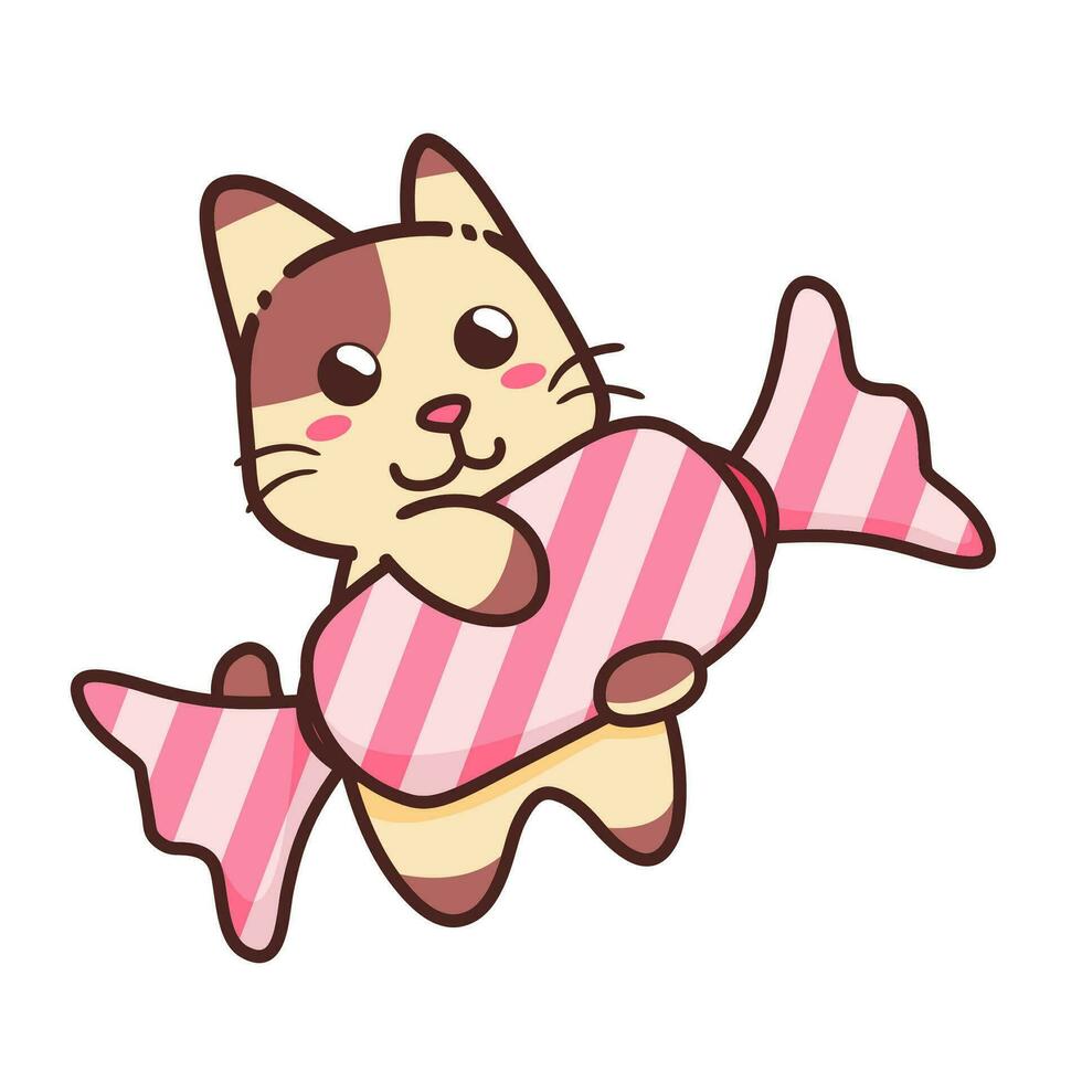 söt förtjusande Lycklig brun katt äta rosa ljuv godis tecknad serie klotter vektor illustration platt design stil
