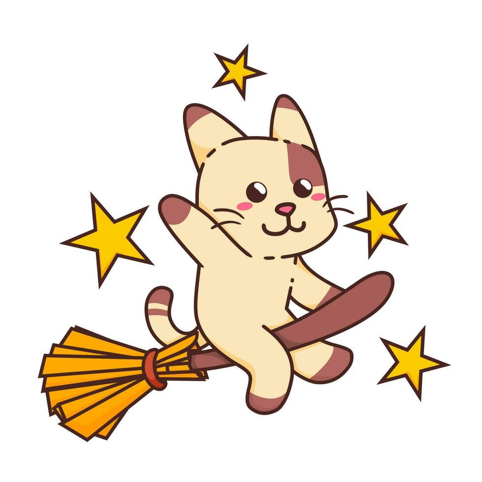 süß bezaubernd glücklich Hexe braun Katze fliegend mit Magie Besen Karikatur Gekritzel Vektor Illustration eben Design Stil