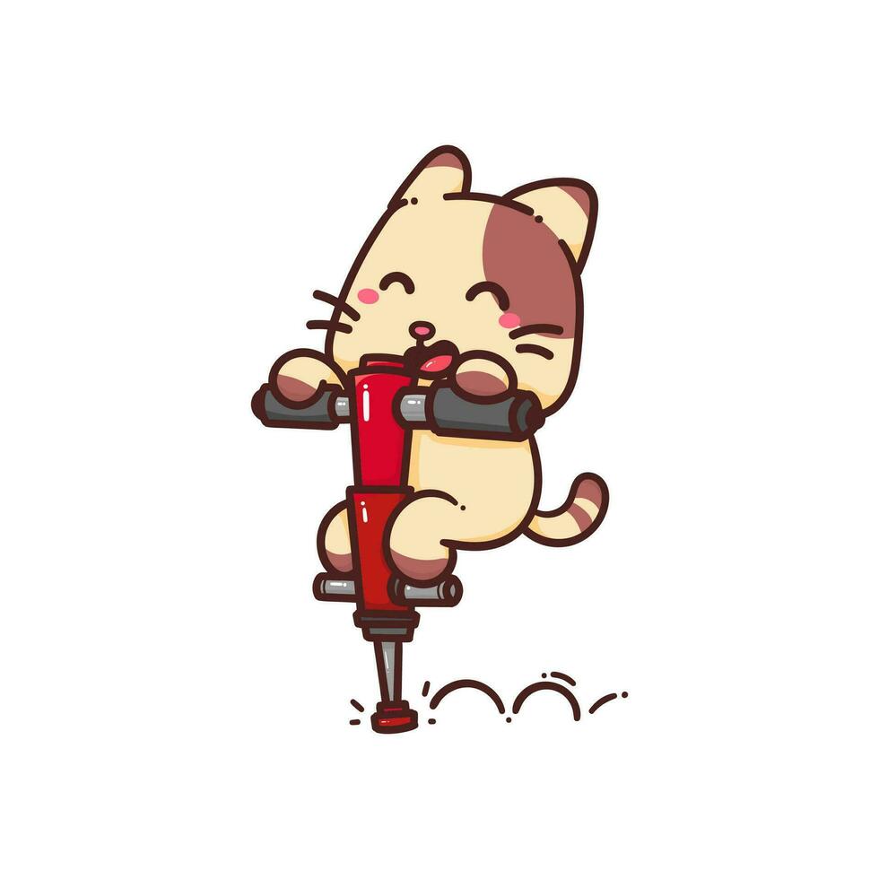 söt förtjusande Lycklig brun katt spela pogo pinne tecknad serie klotter vektor illustration platt design stil
