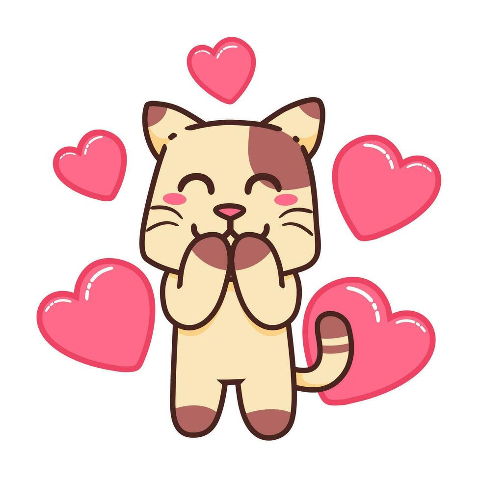 söt förtjusande Lycklig kärlek rosa hjärta roman brun katt tecknad serie klotter vektor illustration platt design stil