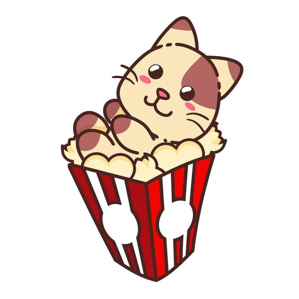 süß bezaubernd glücklich braun Katze Popcorn Box Film Karikatur Gekritzel Vektor Illustration eben Design Stil