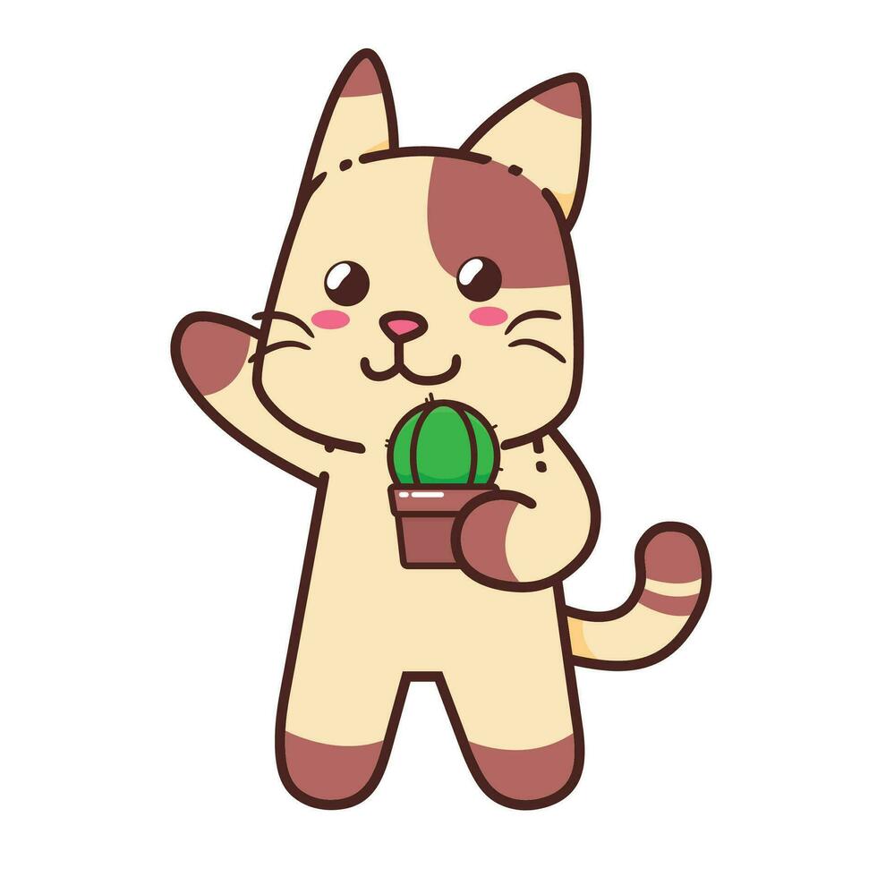 söt förtjusande Lycklig brun katt och mini liten kaktus tecknad serie klotter vektor illustration platt design stil
