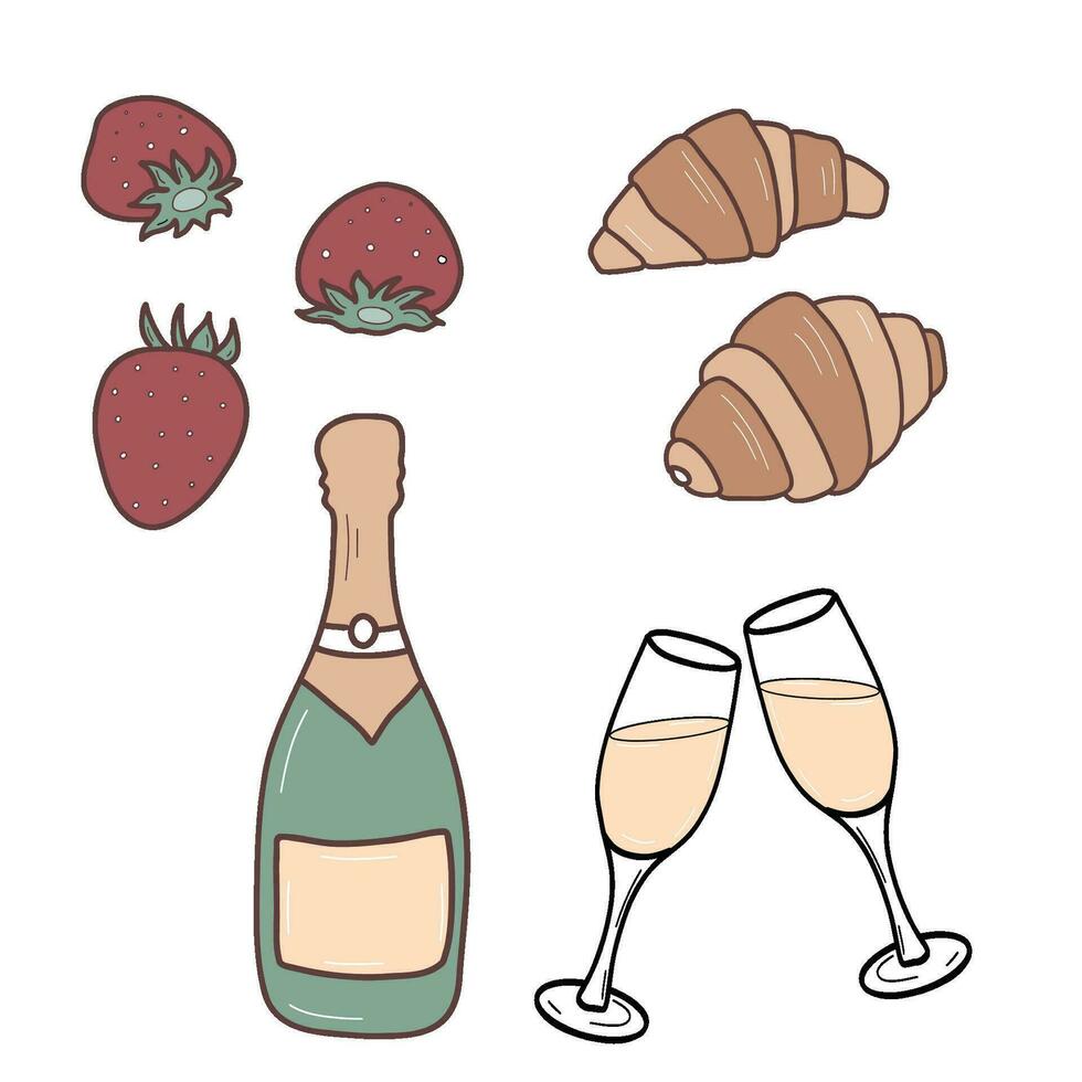 Champagner Flasche, zwei Brille mit sprudelnd, Croissants und Erdbeeren. Französisch Frühstück Lebensmittel. Vektor Illustration im Karikatur Stil.