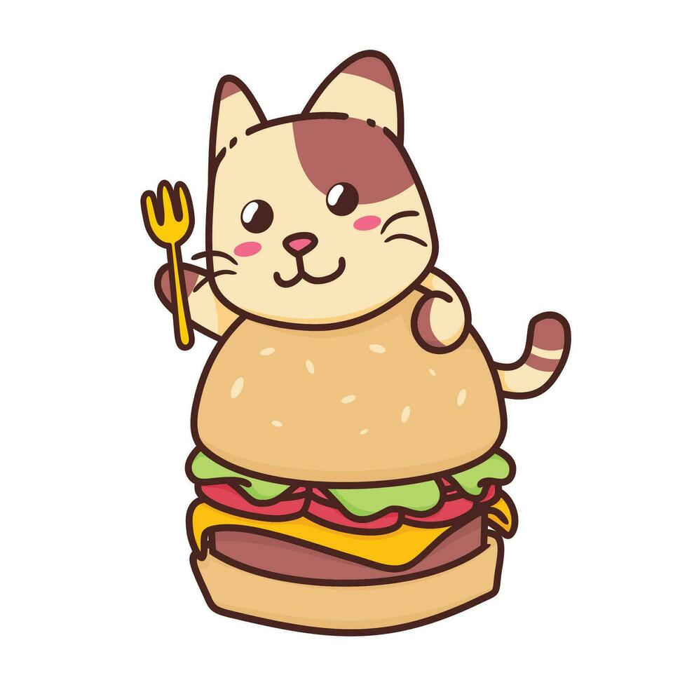 söt förtjusande Lycklig brun katt äta nötkött burger tecknad serie klotter vektor illustration platt design stil
