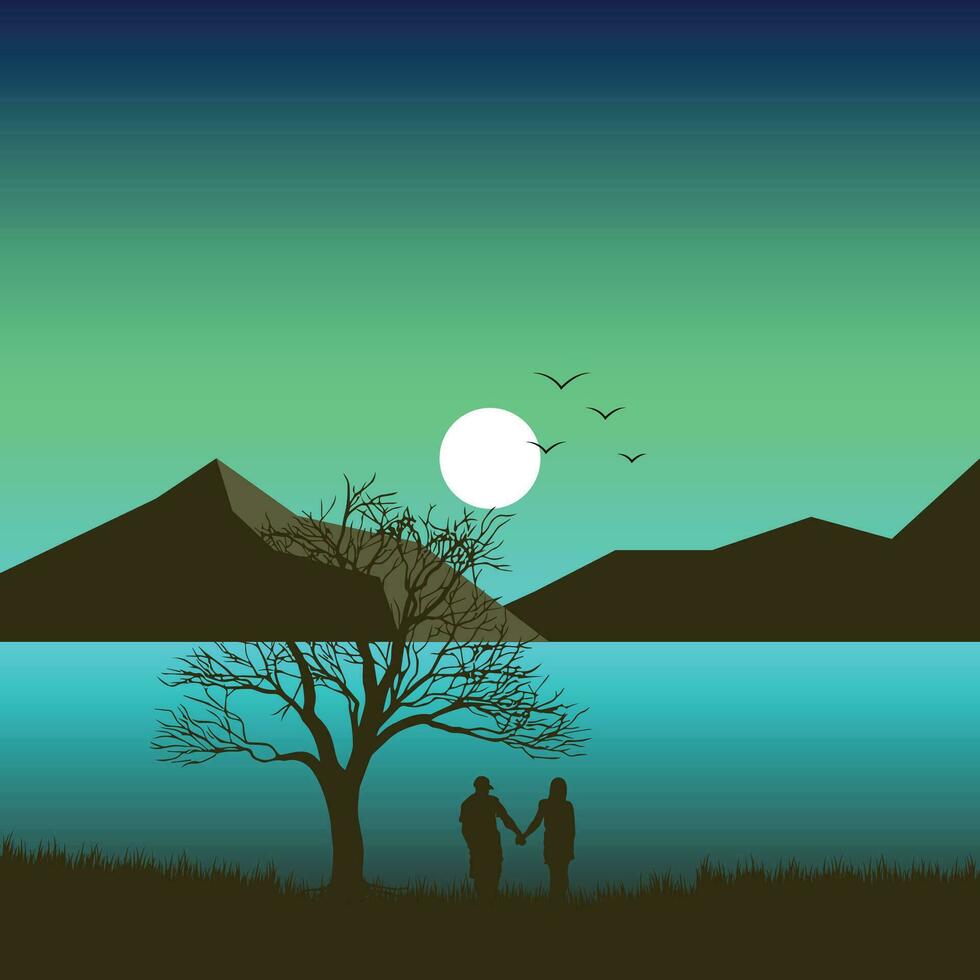 romantisch Paar auf Sonnenuntergang Vektor Hintergrund Illustration