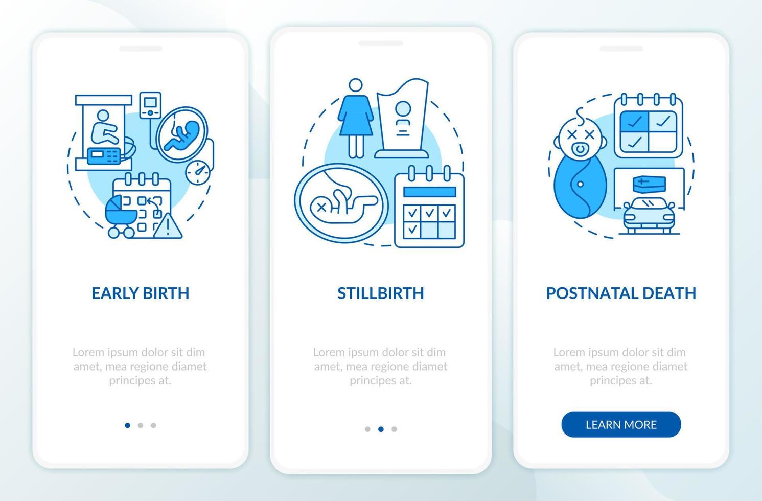 Fälle von Mutterschaftsurlaubsansprüchen blauer Bildschirm für die Onboarding-Seite der mobilen App vektor