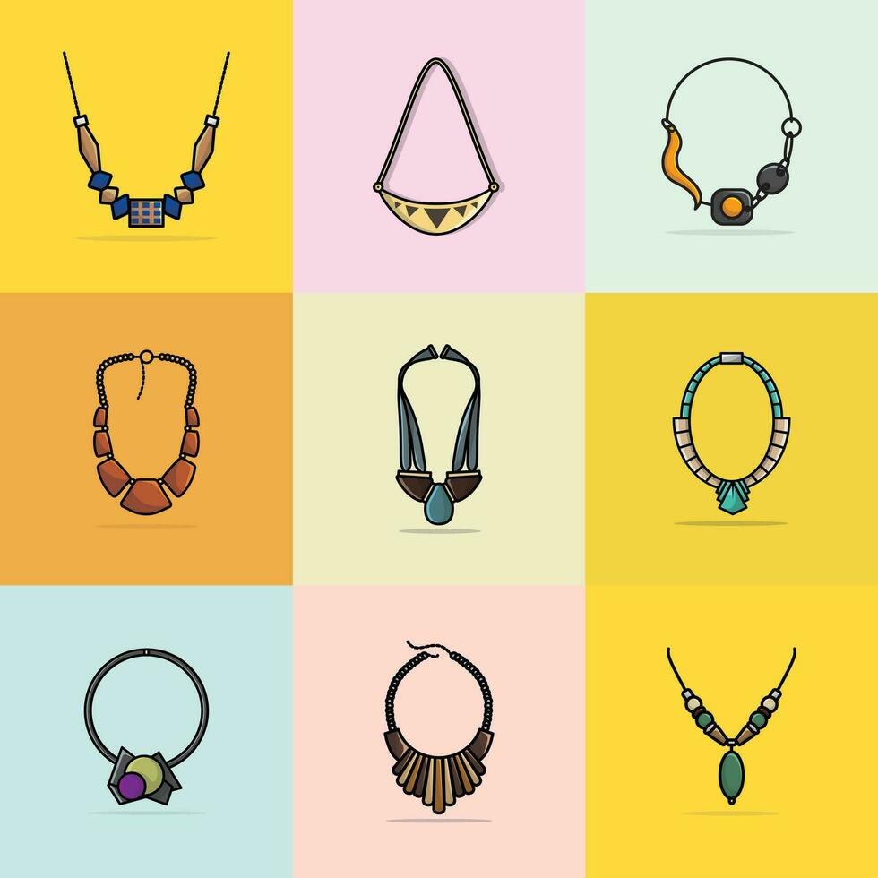 Sammlung von 9 Mädchen Mode Party Hals Halsketten Vektor Illustration. Schönheit Mode Objekte Symbol Konzept. einstellen von elegant Damen hell Halsketten Vektor Design auf bunt Hintergrund.