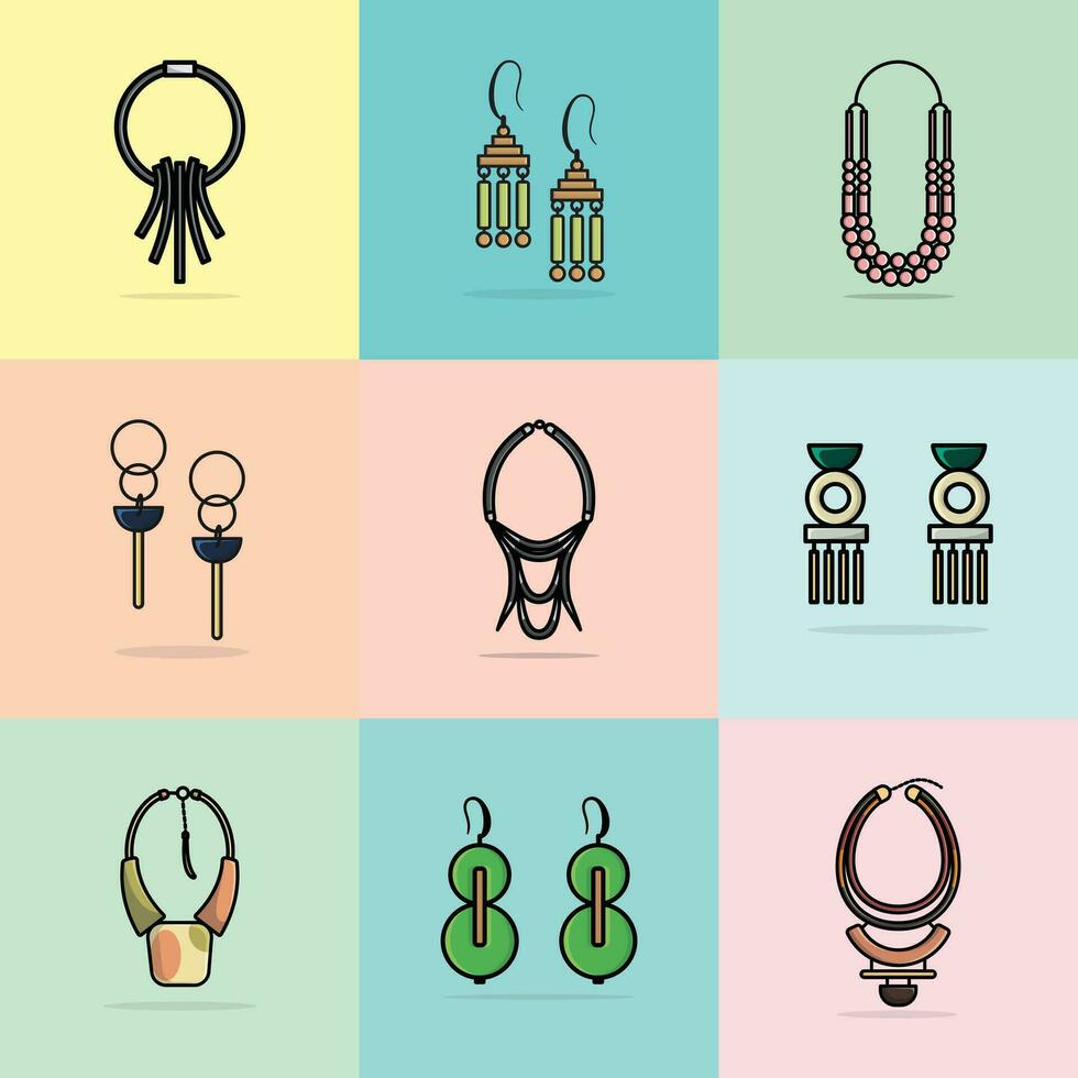 Sammlung von 9 modern Designer Damen Halsketten und bunt Ohrringe Vektor Illustration. Schönheit Mode Objekte Symbol Konzept. einstellen von Frauen Mode Design Schmuck Zubehör Vektor Design.