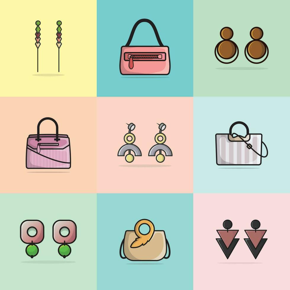 Sammlung von 9 modern Designer Damen Handtaschen und bunt Ohrringe Vektor Illustration. Schönheit Mode Objekte Symbol Konzept. einstellen von Frauen Mode Design Zubehör Vektor Design.