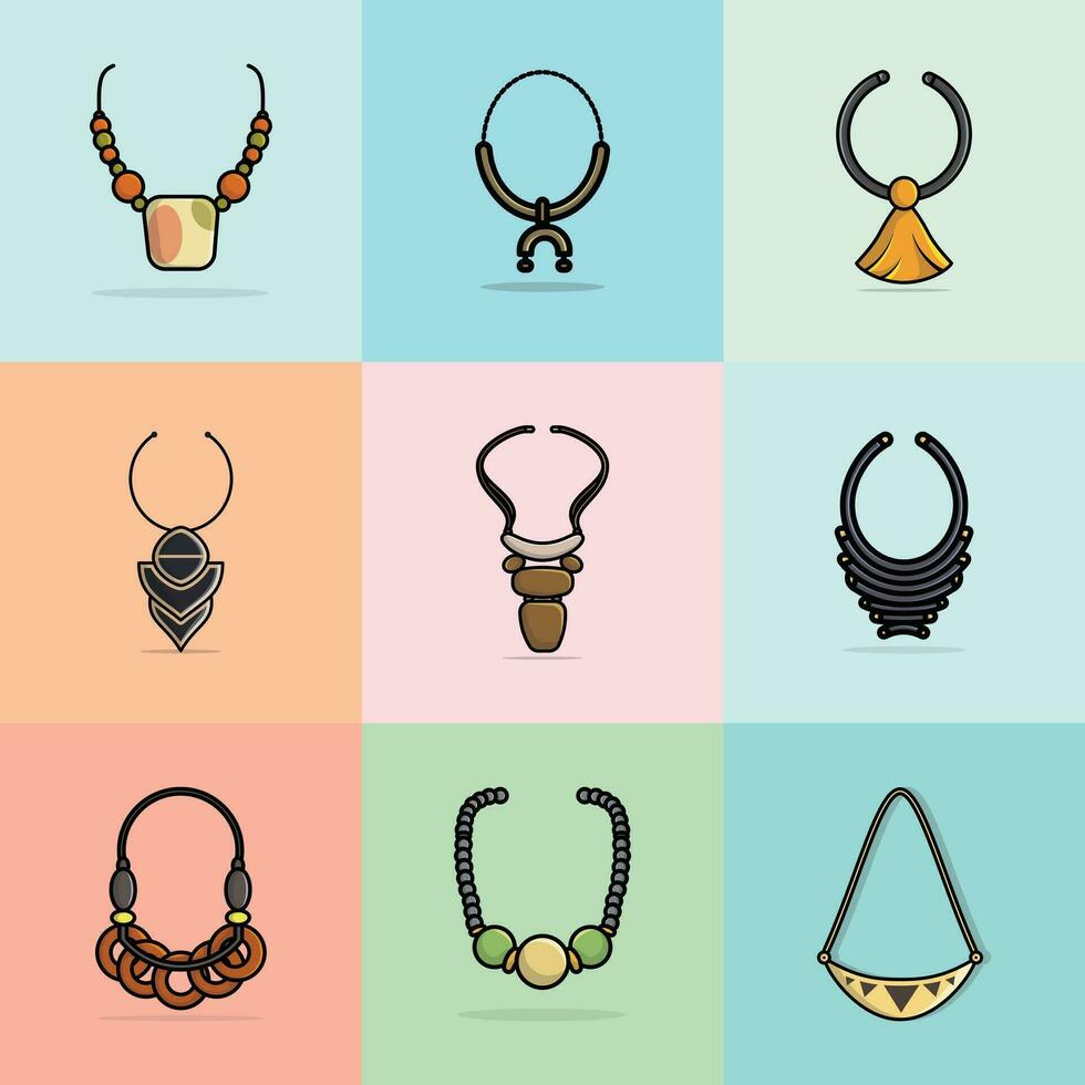 samling av 9 skön kvinnor nacke halsband vektor illustration. skönhet mode objekt ikon begrepp. uppsättning av trendig platt mode halsband vektor design.