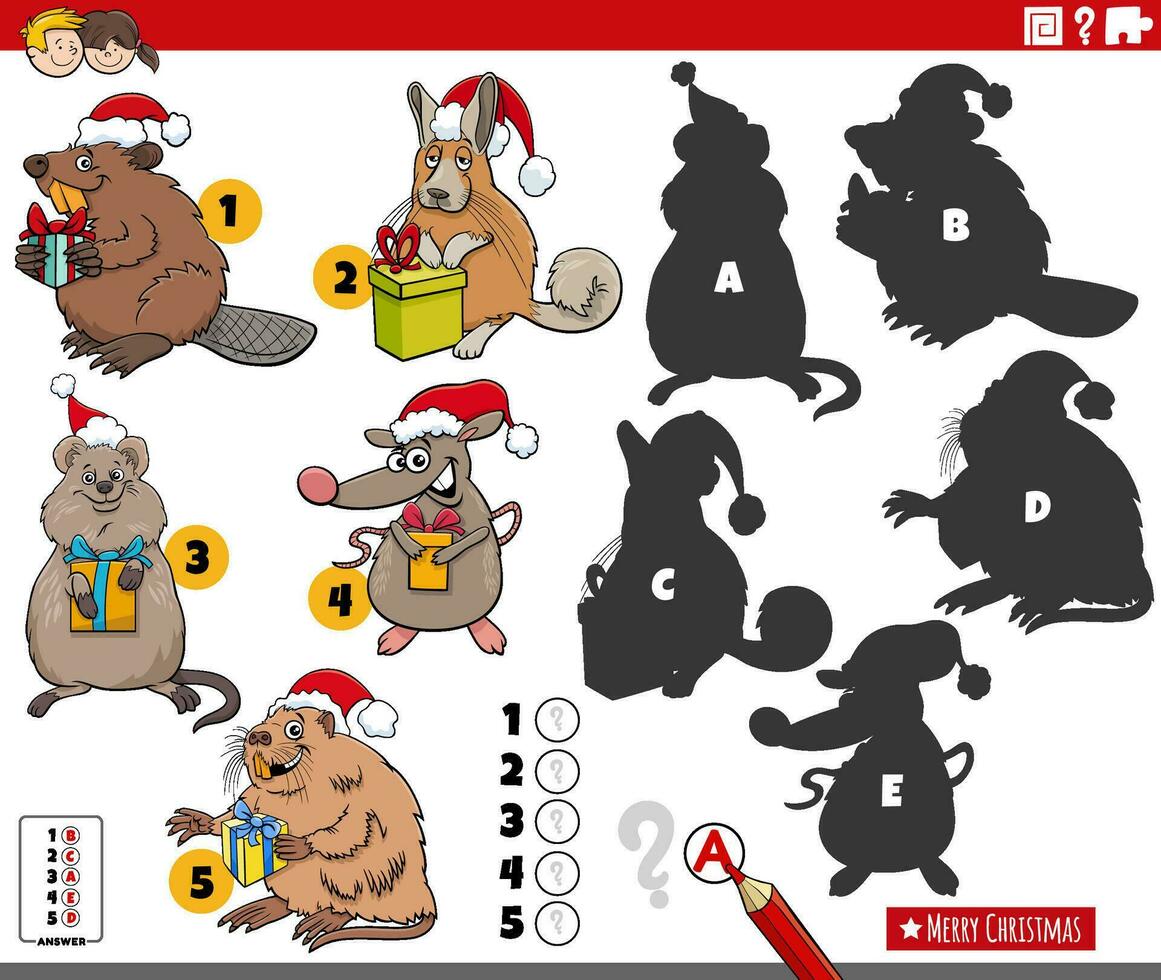 matchande skuggor spel med tecknad serie djur på jul vektor