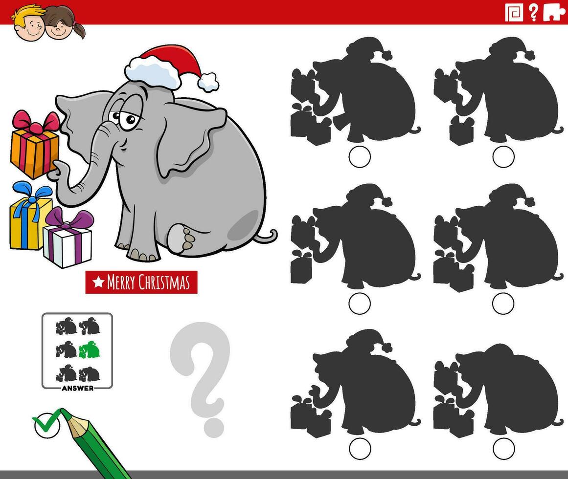 skugga spel med tecknad serie elefant på jul tid vektor